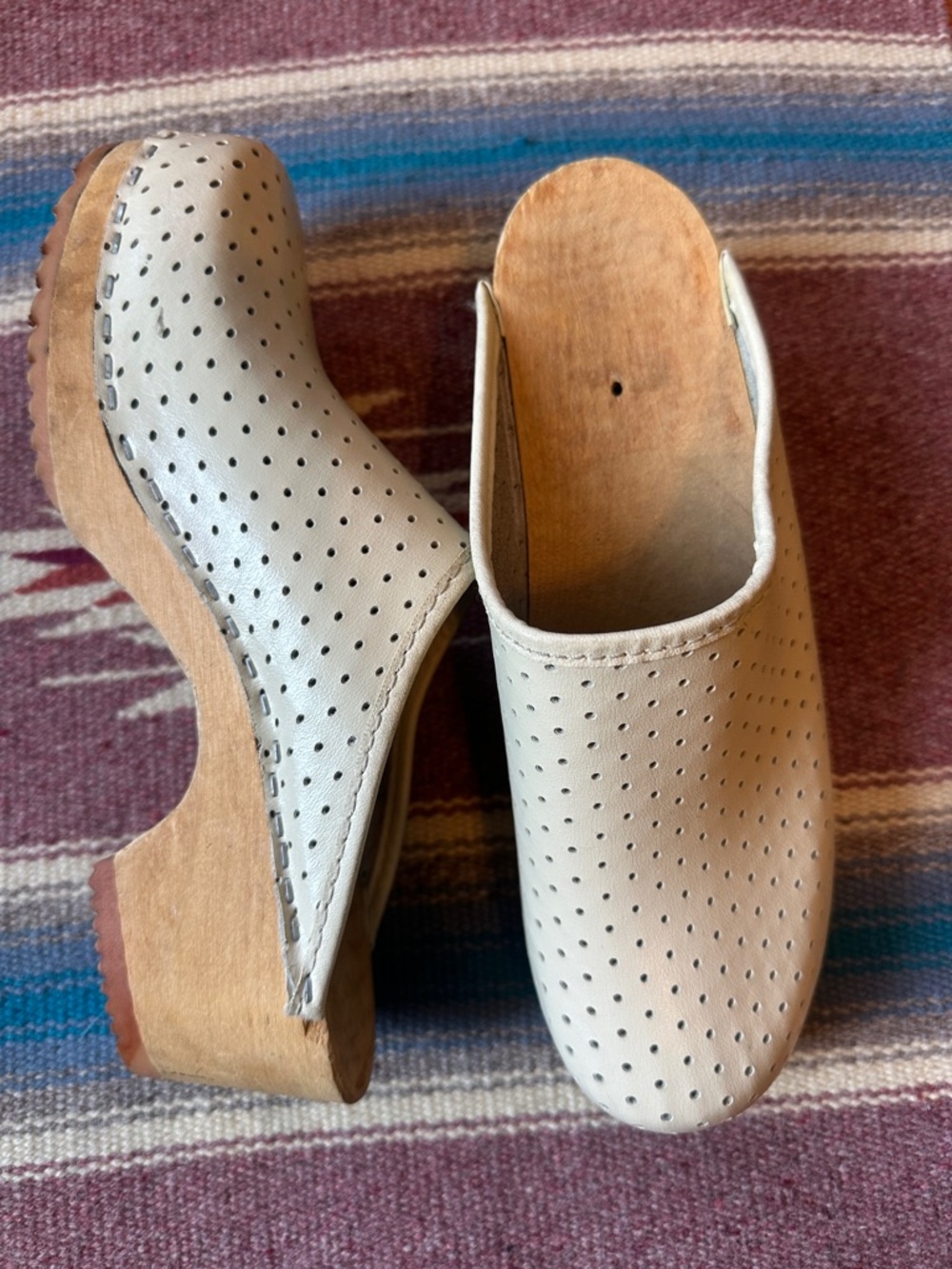 Women's Perforated Cream Leather Clog Mule Made in Sweden